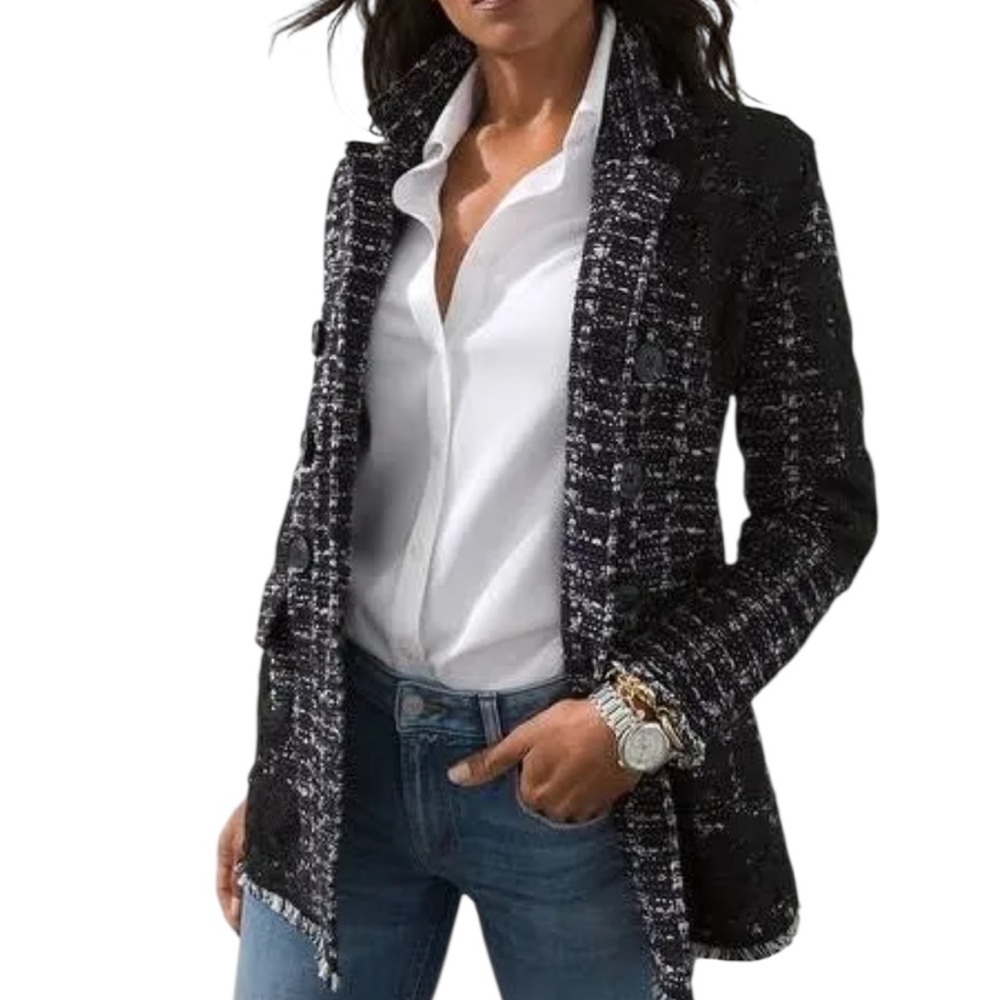 Chico's Black/White/Metallic Plaid Tweed Knit Lace Detail Sweater Blazer 1(M)